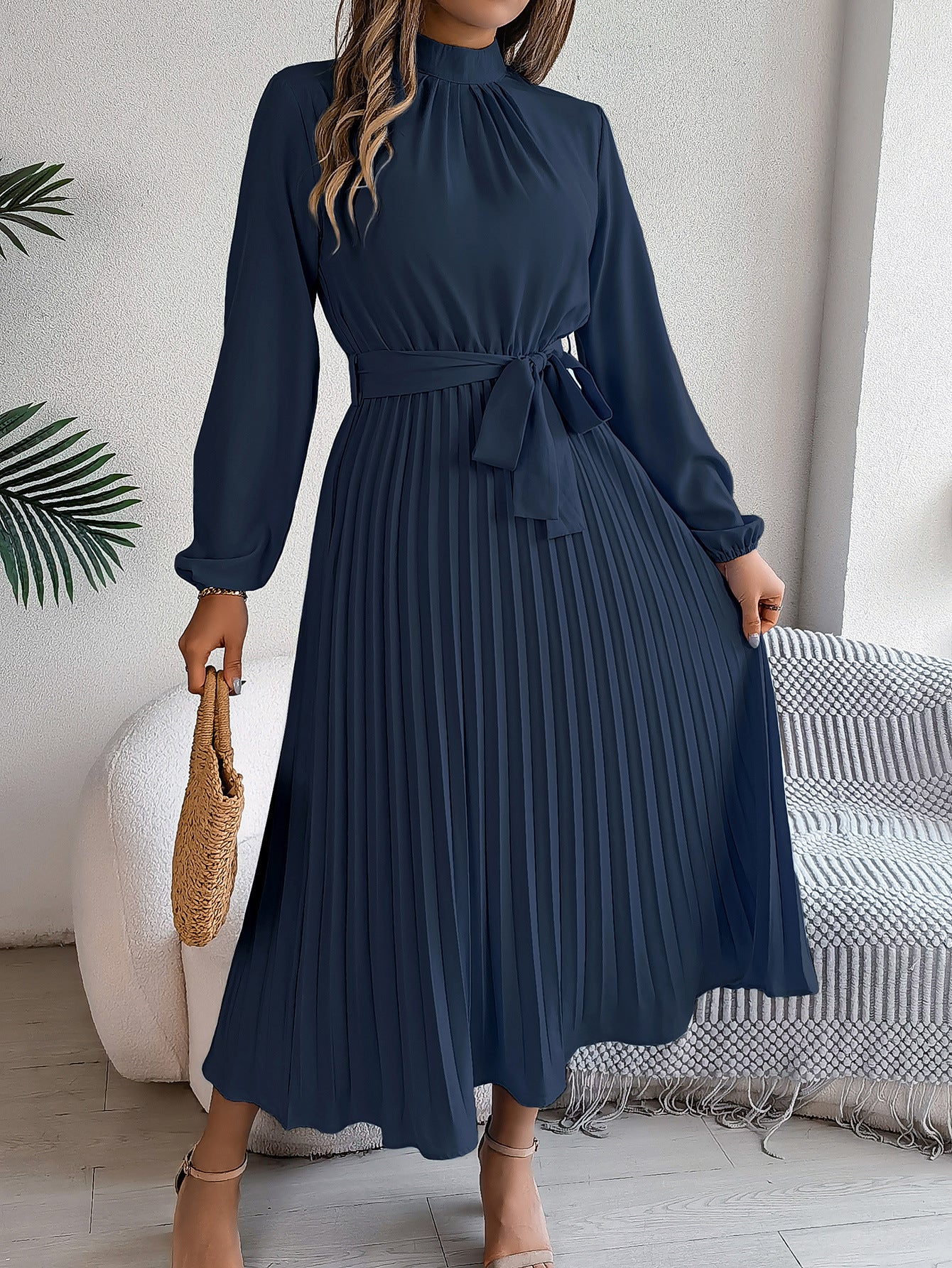 Elegant Stand Collar Long Sleeve Pleated Maxi Dress for Parties 2025