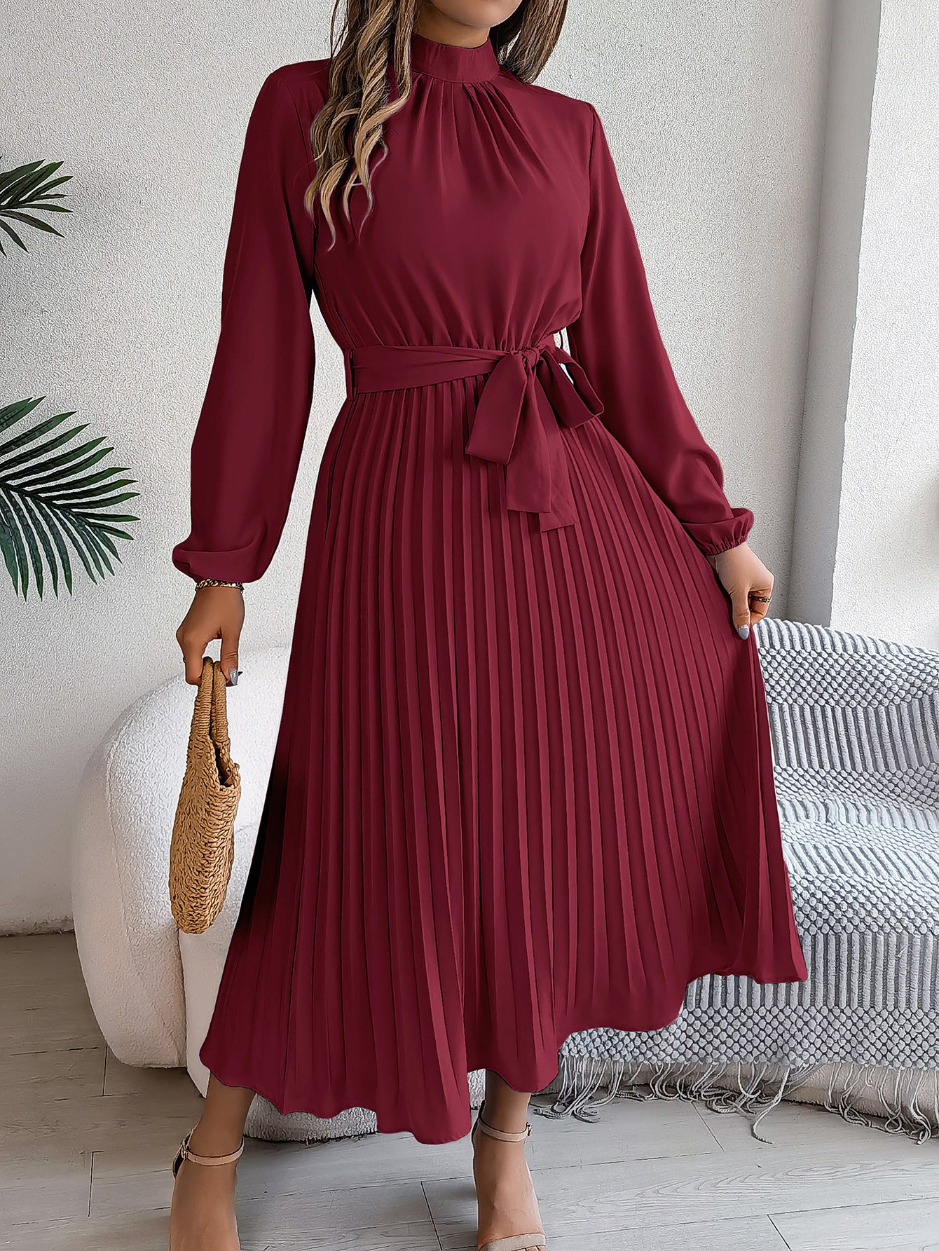 Elegant Stand Collar Long Sleeve Pleated Maxi Dress for Parties 2025