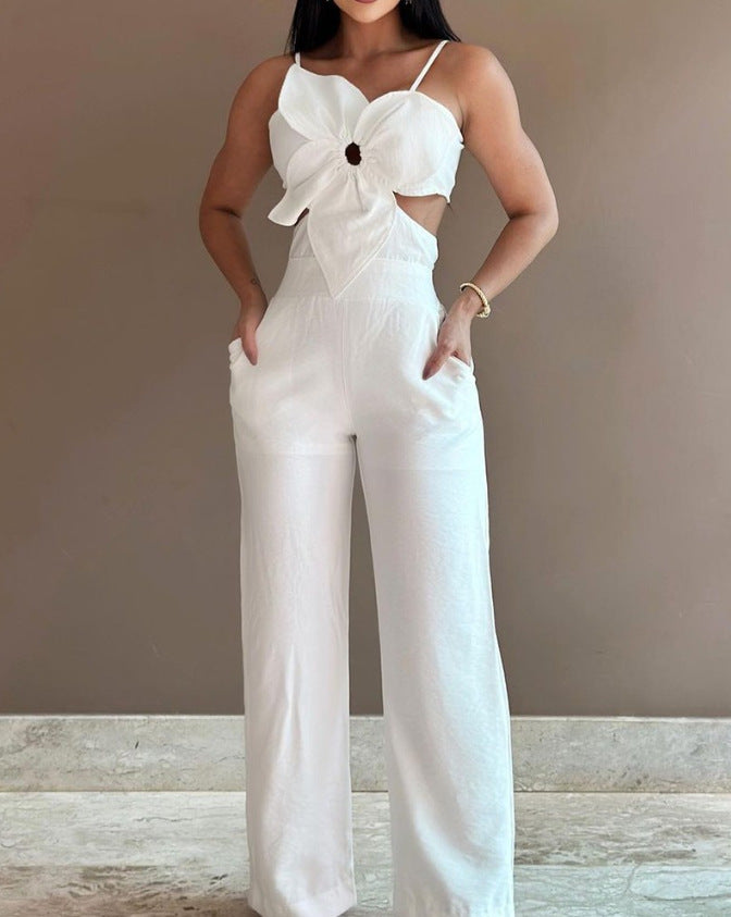 Elegant White Polyester Backless Straight-Leg Summer Jumpsuit