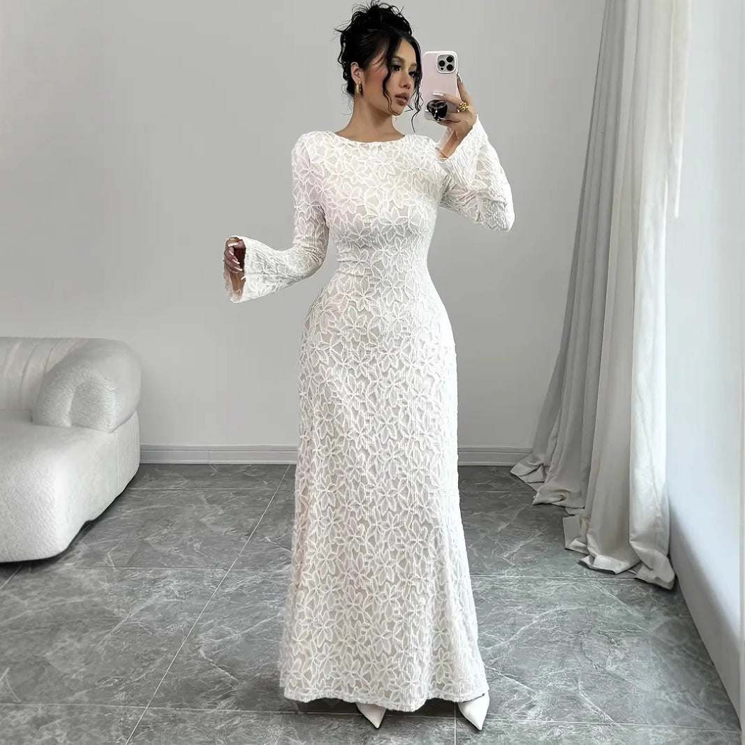Elegant White Sequin Detail Polyester V-Neck Midi Dress