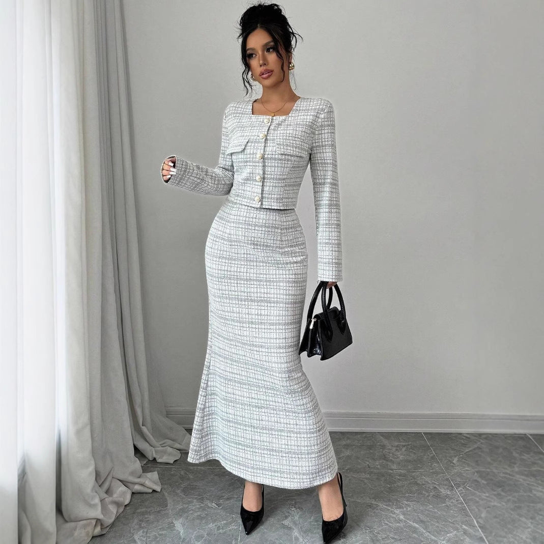 Elegant White Sequin Polyester Two Piece Midi Dress Set