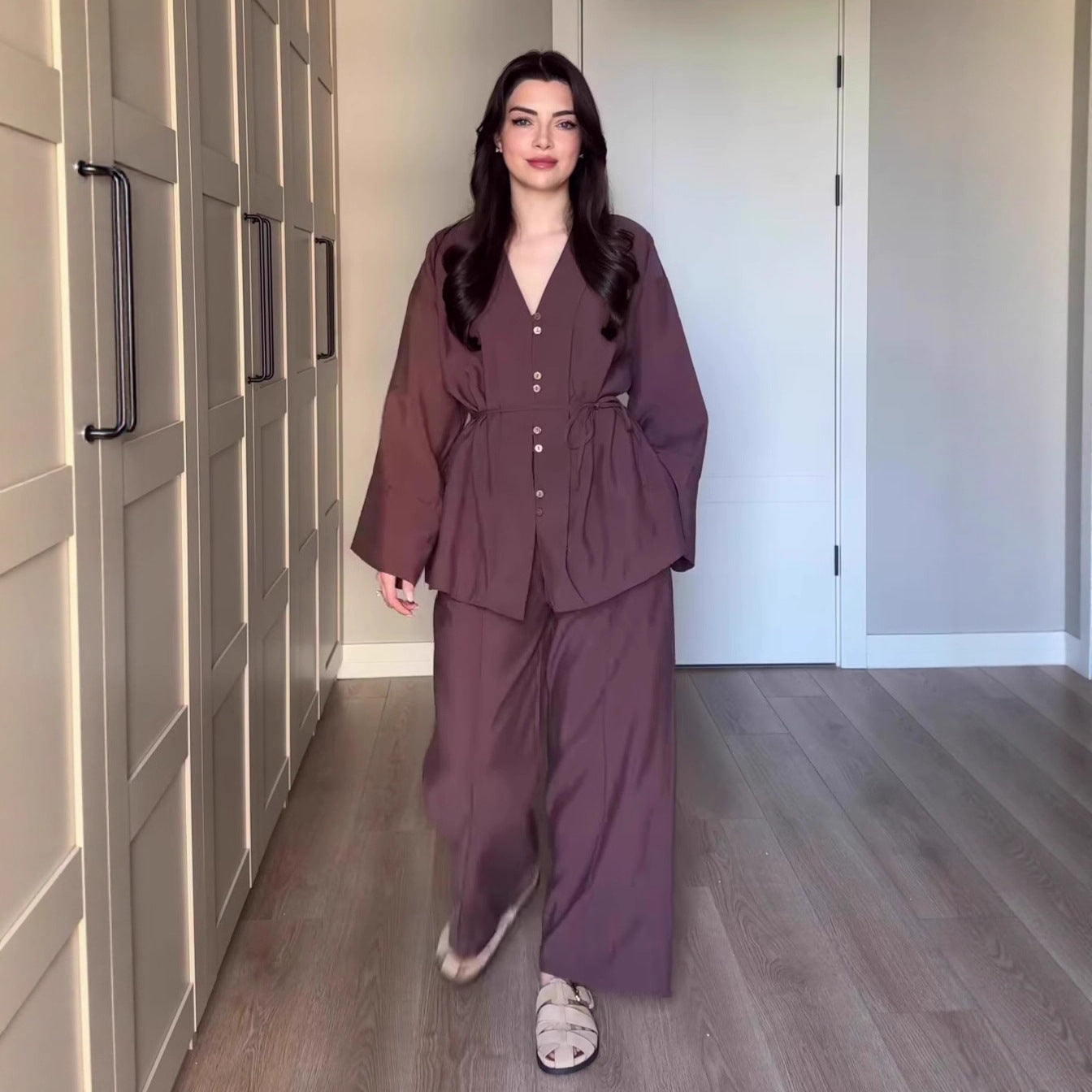 Elegant Wide-Leg Pants Co Ord Set – Single-Breasted Blazer, Long Sleeve