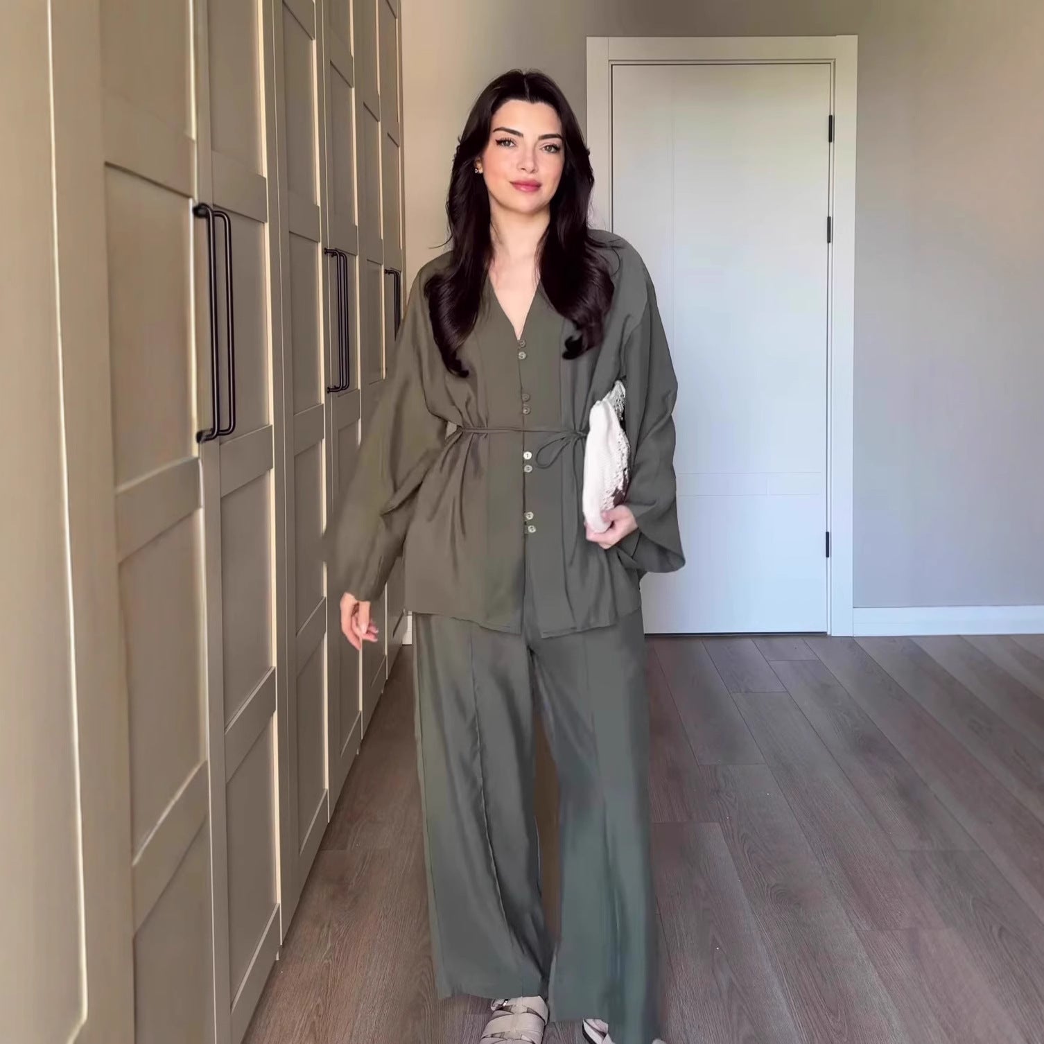 Elegant Wide-Leg Pants Co Ord Set – Single-Breasted Blazer, Long Sleeve