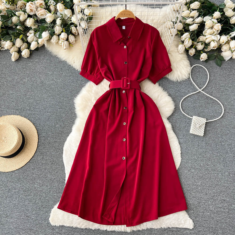 Elegant Wine Red Polyester Retro A-Line Midi Dress