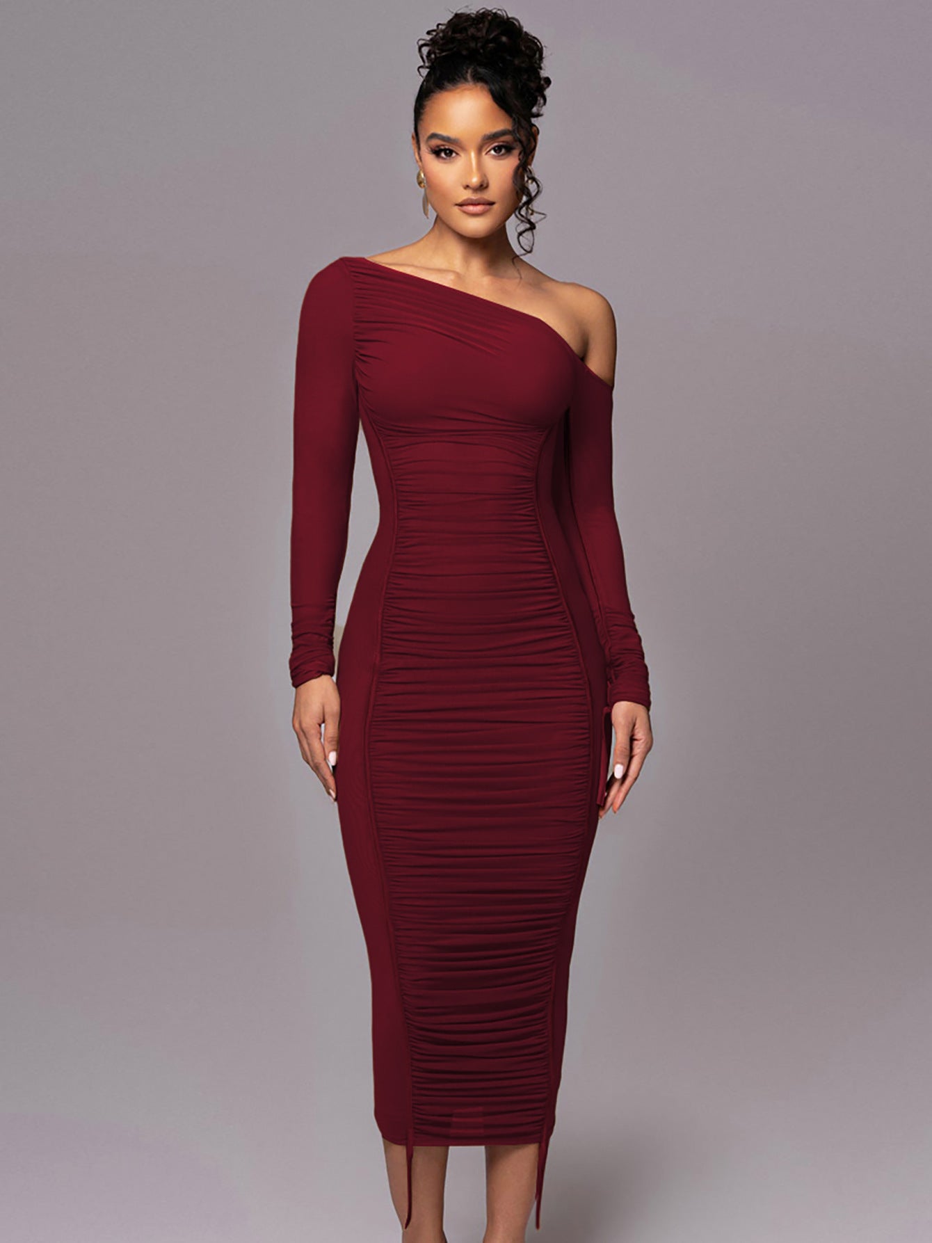 European Apricot Mesh Splicing One-Shoulder Pleated Long Dress