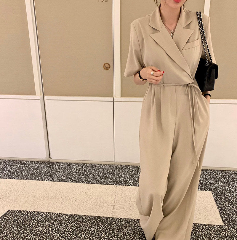 Trendy Korean Lapel Tie Waist High Waist Wide-Leg Pants Jumpsuit