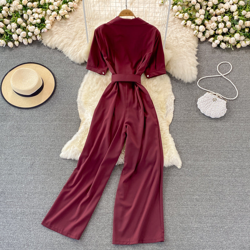 Stylish Suit Collar High Waist Wide-Leg Elegant Summer Pants Jumpsuit