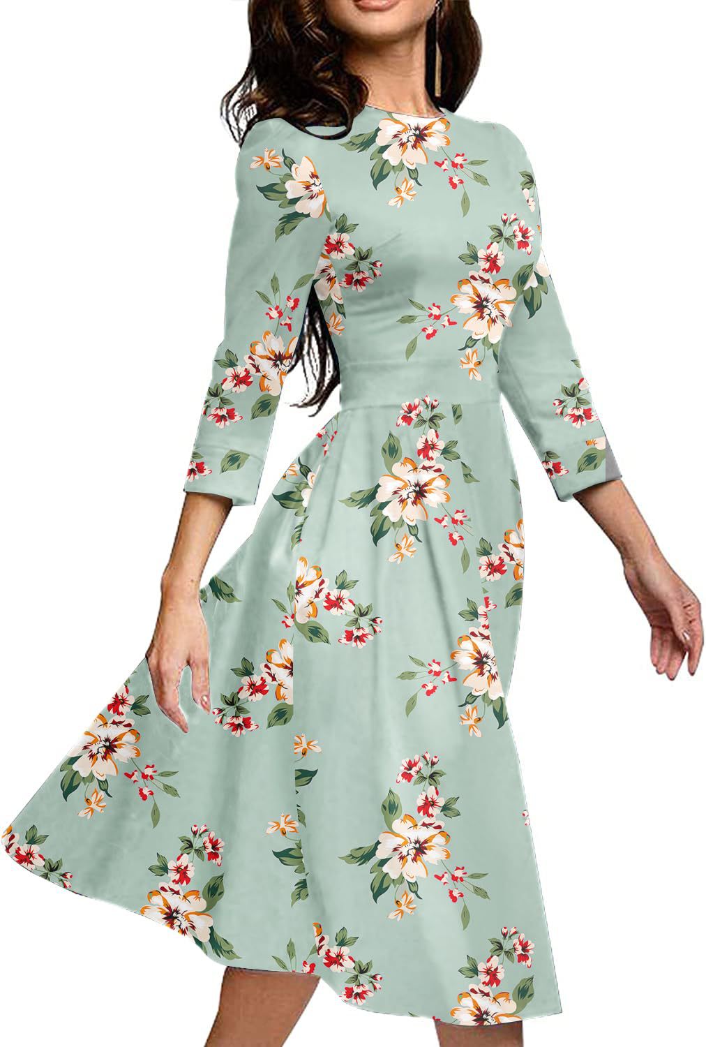 Graceful Floral Printed Crew Neck Three-Quarter Sleeve Midi Dress