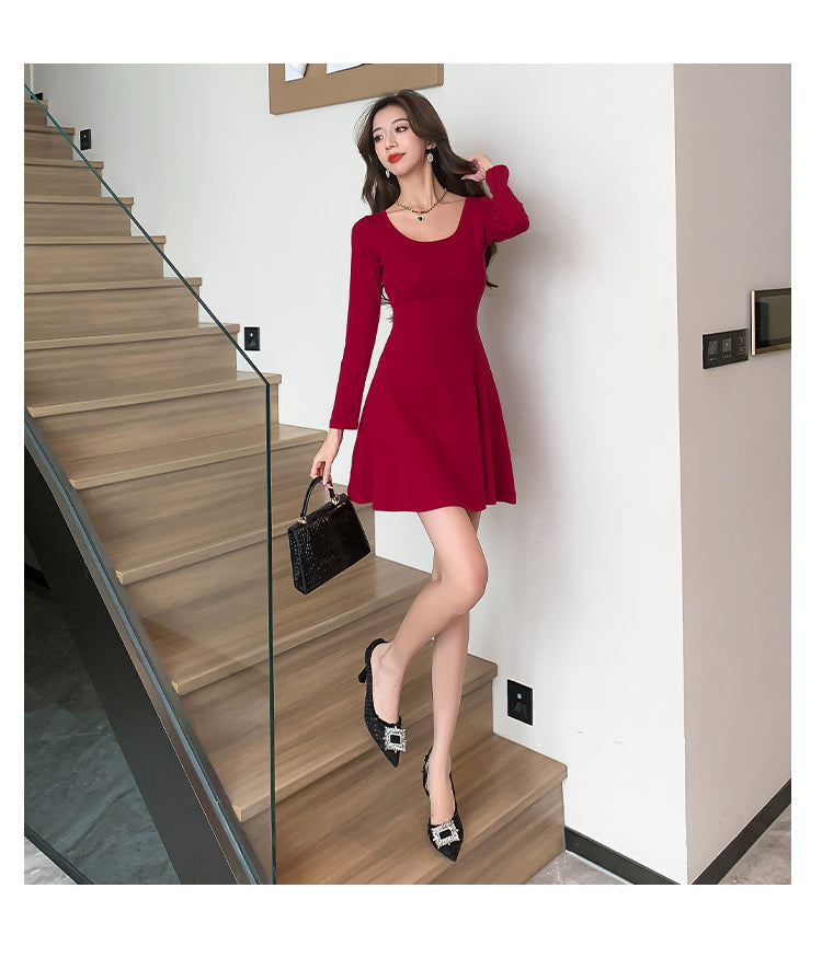 Stylish U-Neck Long Sleeve Tie-Dye A-Line High Waist Short Dress