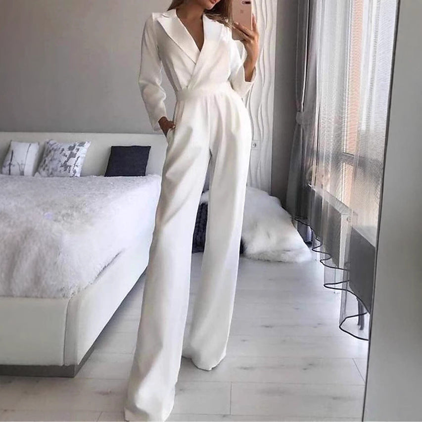 Chic Slant Collar Long Sleeve Straight-Leg Elegant Commuter Jumpsuit