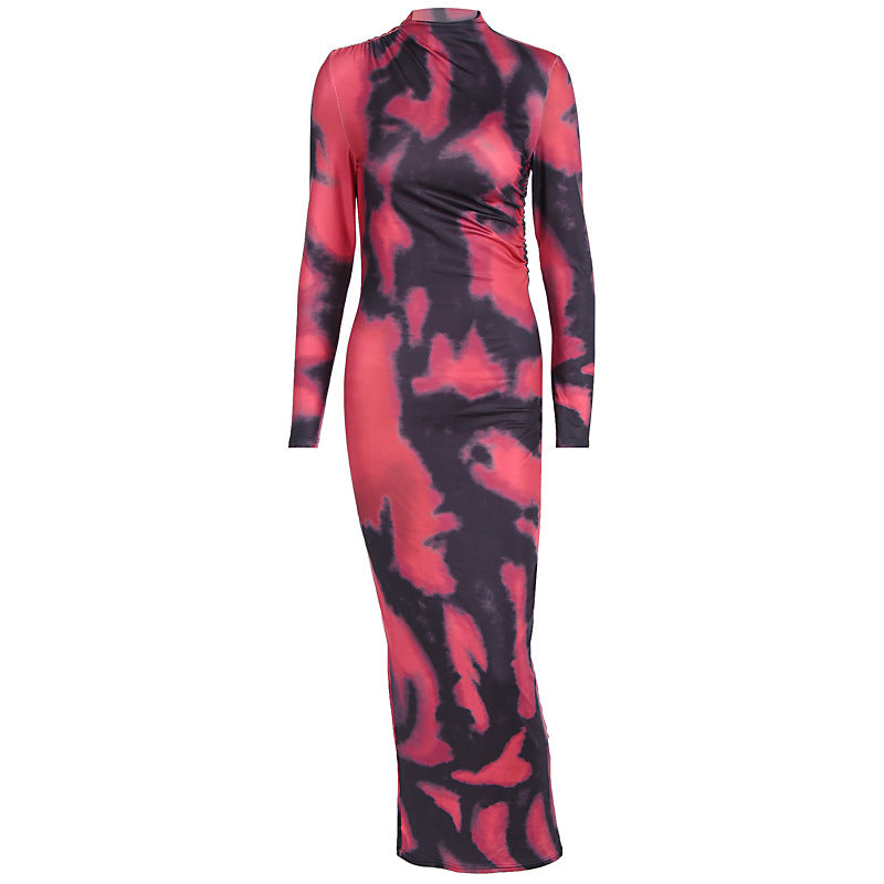 Trendy 3D Tie-Dye Print Long Sleeve Fitted Maxi Dress