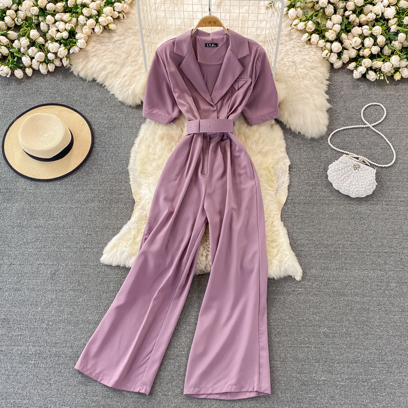 Stylish Suit Collar High Waist Wide-Leg Elegant Summer Pants Jumpsuit