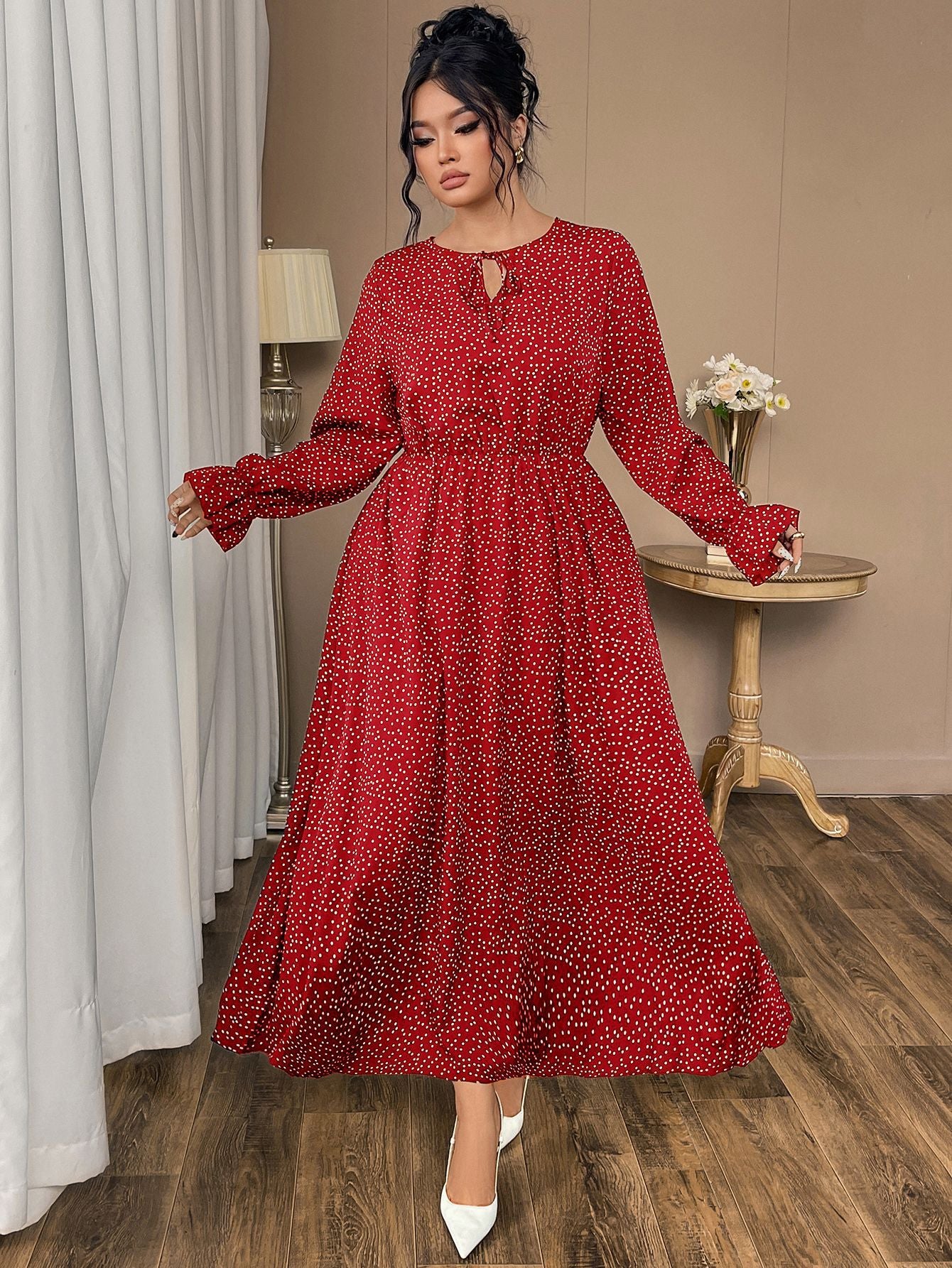 Chic Polka Dot Chiffon Long Sleeve Maxi Dress