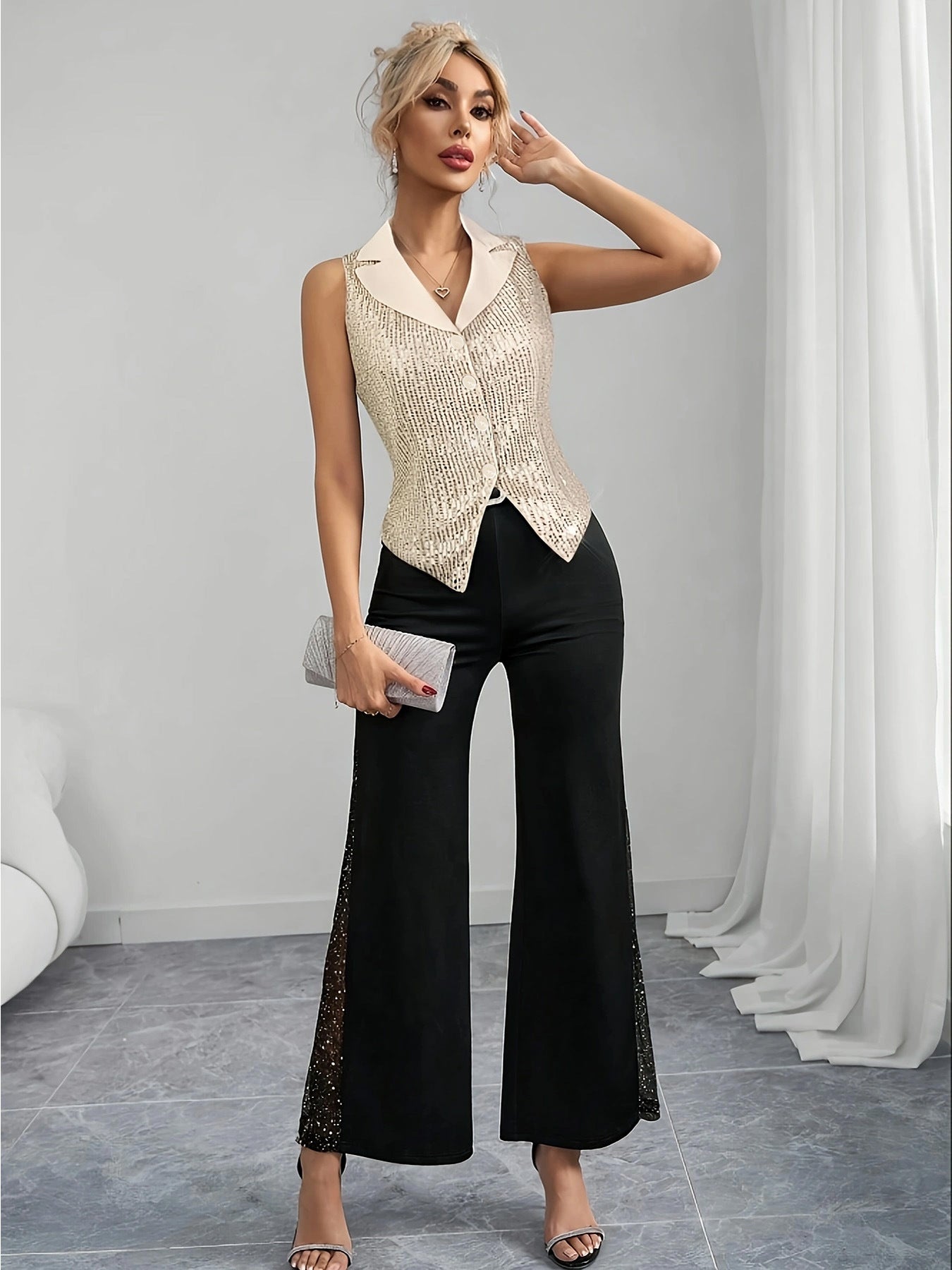 Stylish Blue Sequin V-Neck Sleeveless Shimmering Evening Party Top