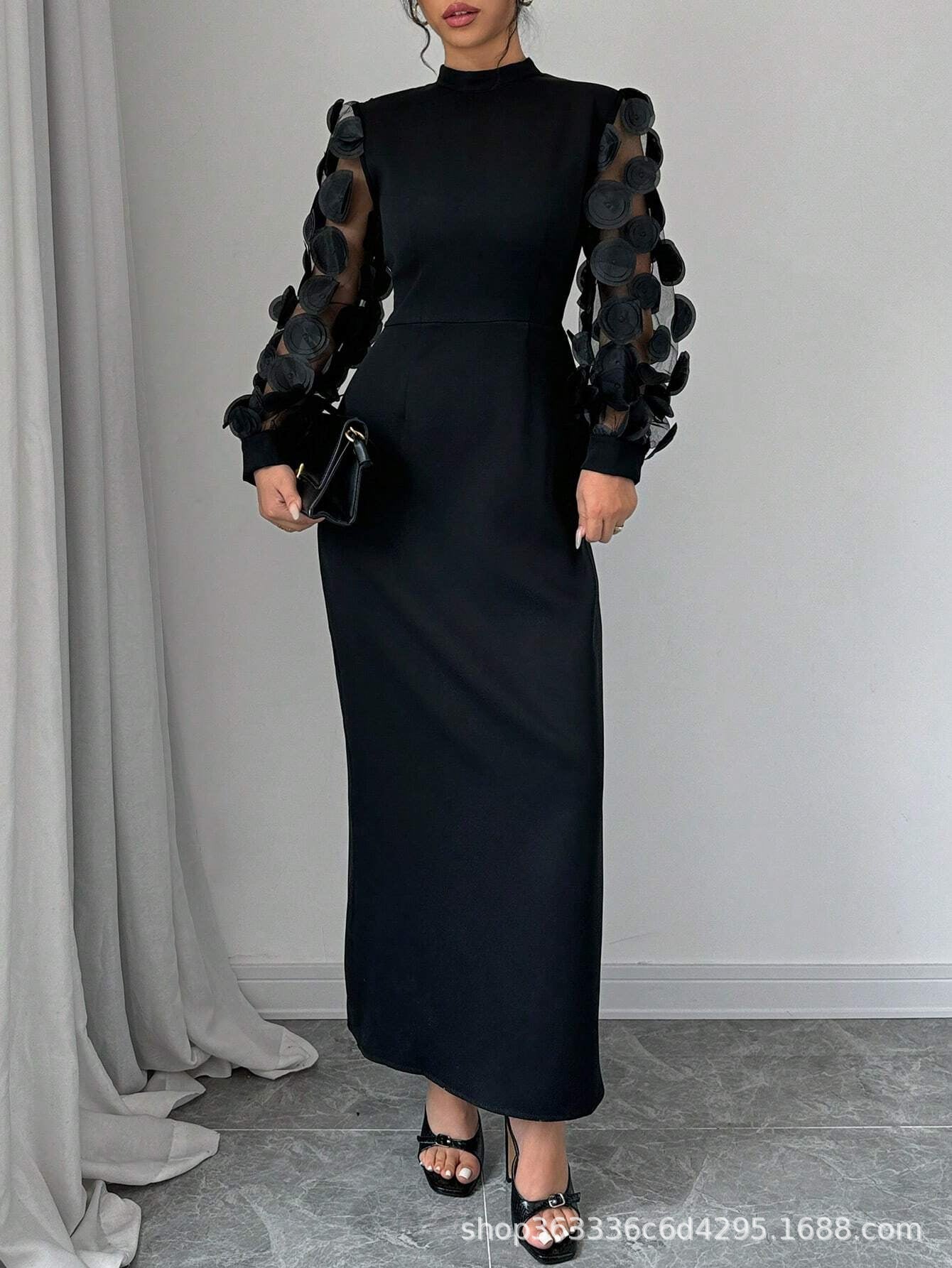 Lace Splicing Stand Collar Elegant Long Sleeve Maxi Dress