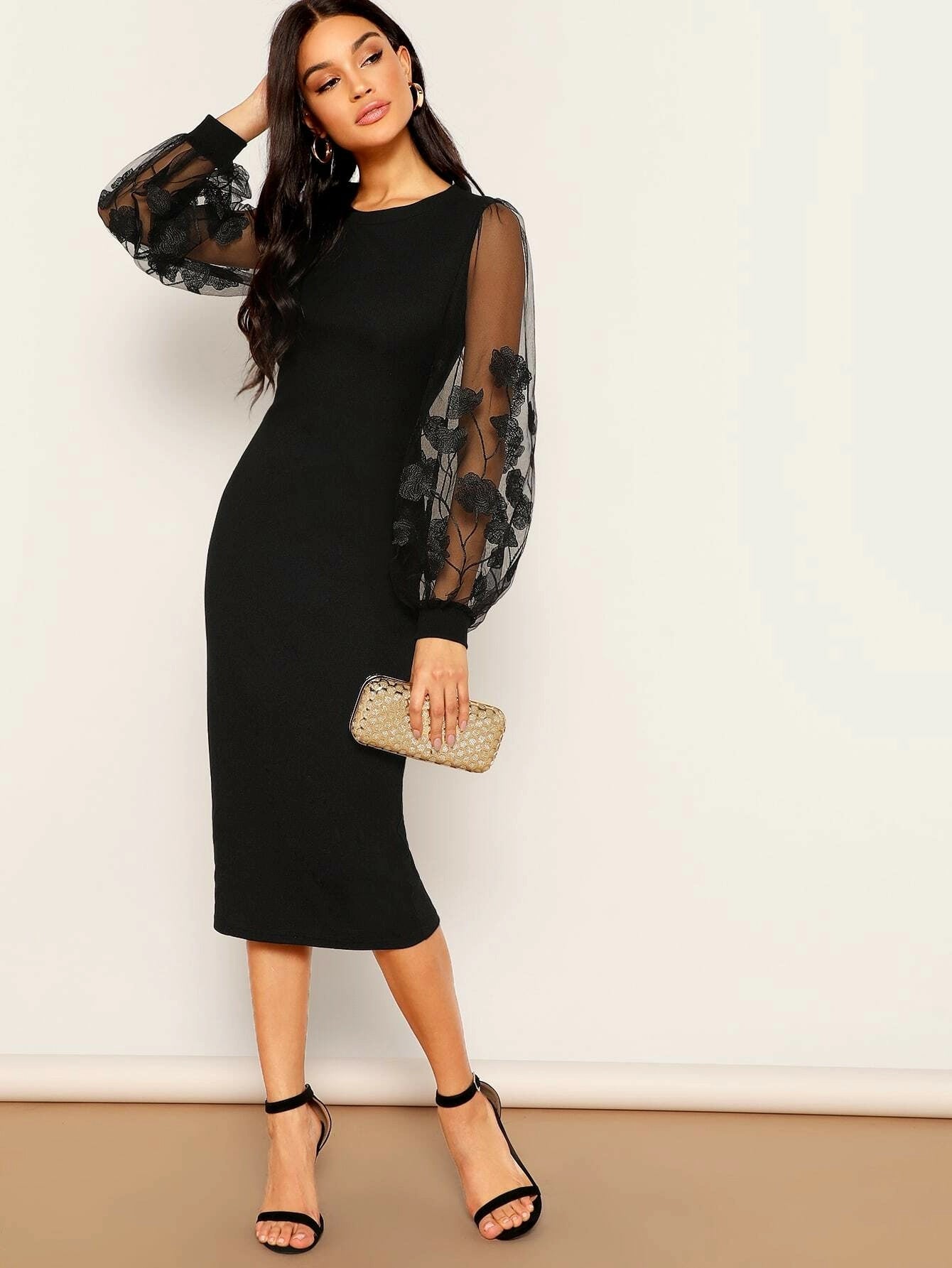 Mesh Puff Sleeve Fitted Midi Dress