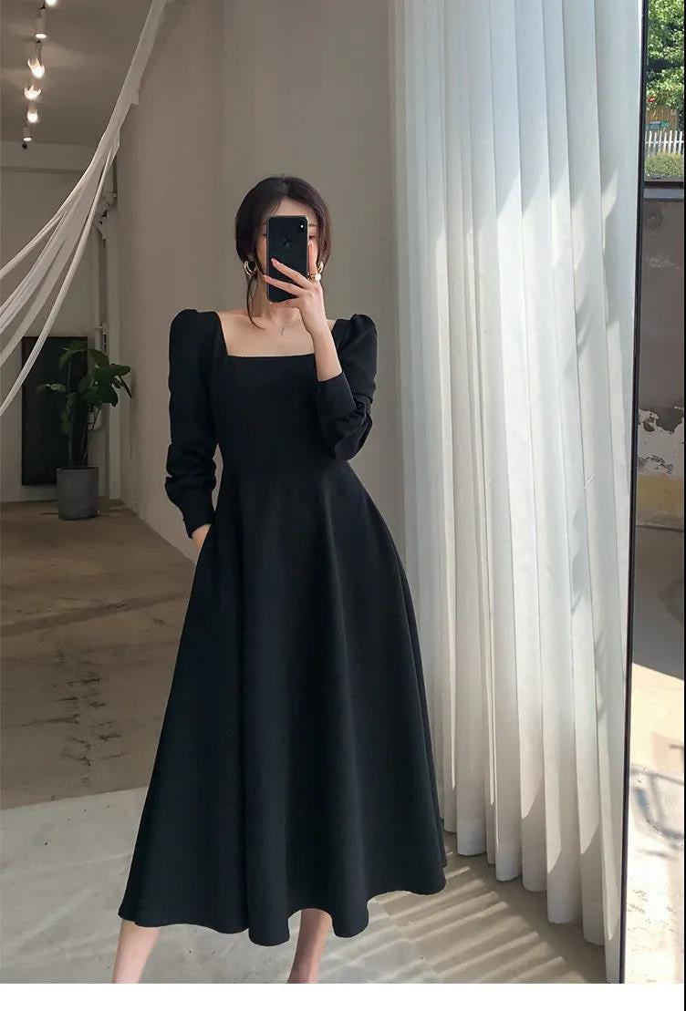 Square Neck Long Sleeve Midi Dress