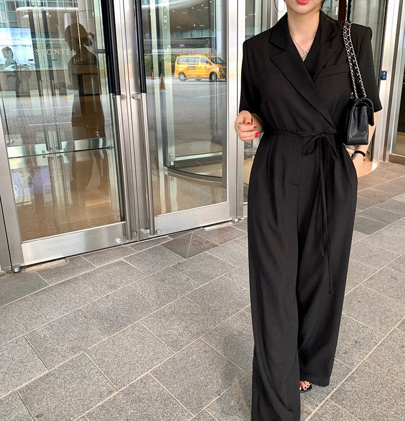 Trendy Korean Lapel Tie Waist High Waist Wide-Leg Pants Jumpsuit