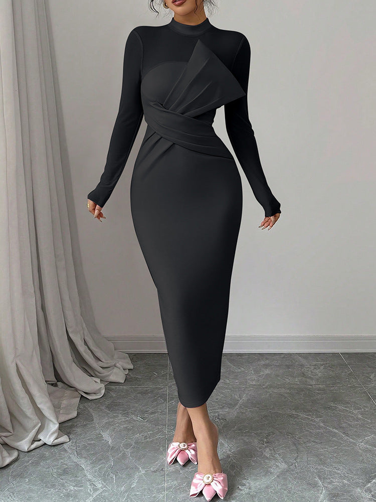 Stylish Crew Neck Patch Waist Long Sleeve Slim Midi Party Dress