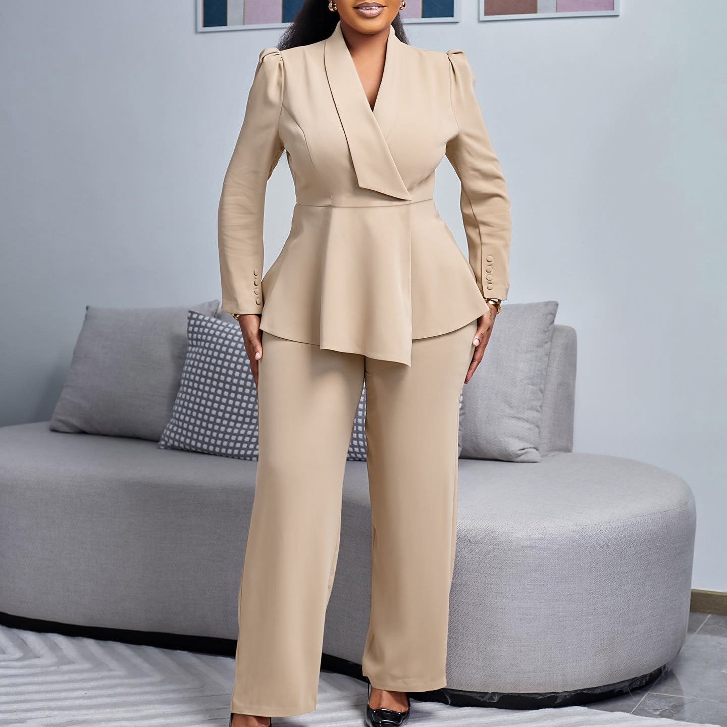 Elegant Ruffled Long Sleeve OL Style Wide-Leg Pants Two-Piece Suit