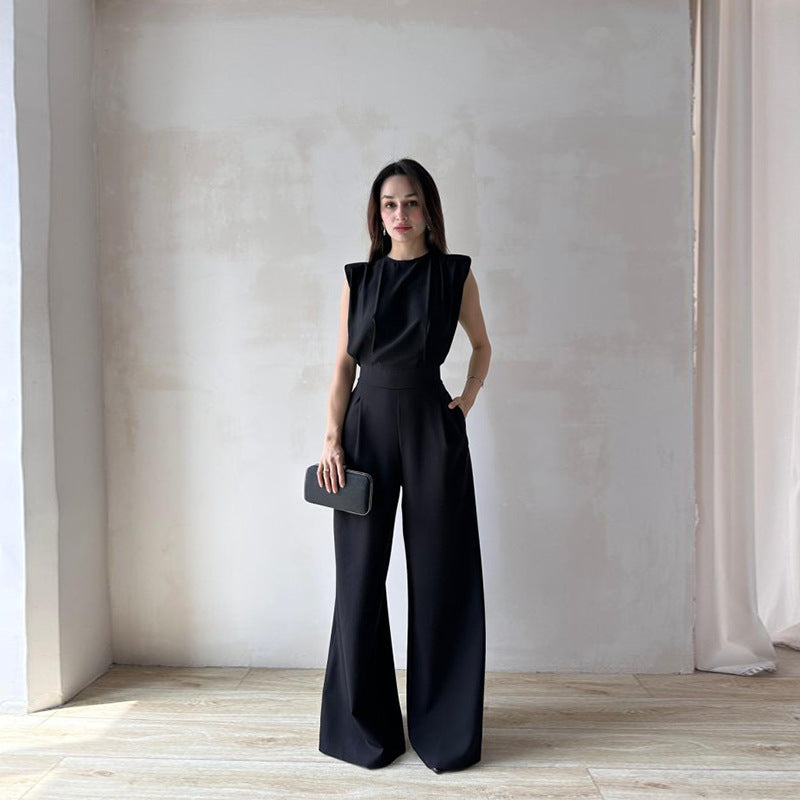 Trendy Lace-Up Sleeveless High Waist Wide-Leg Solid Color Jumpsuit