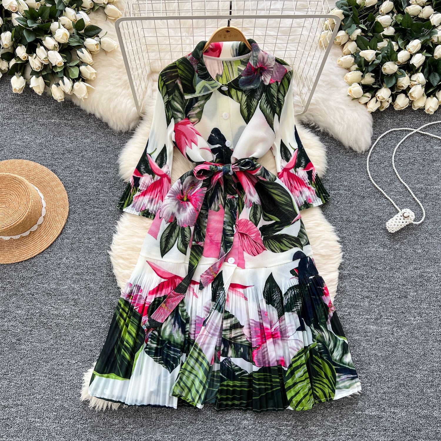 High-End Printed Lapel Button-Down Pleated Long Sleeve Midi Dress