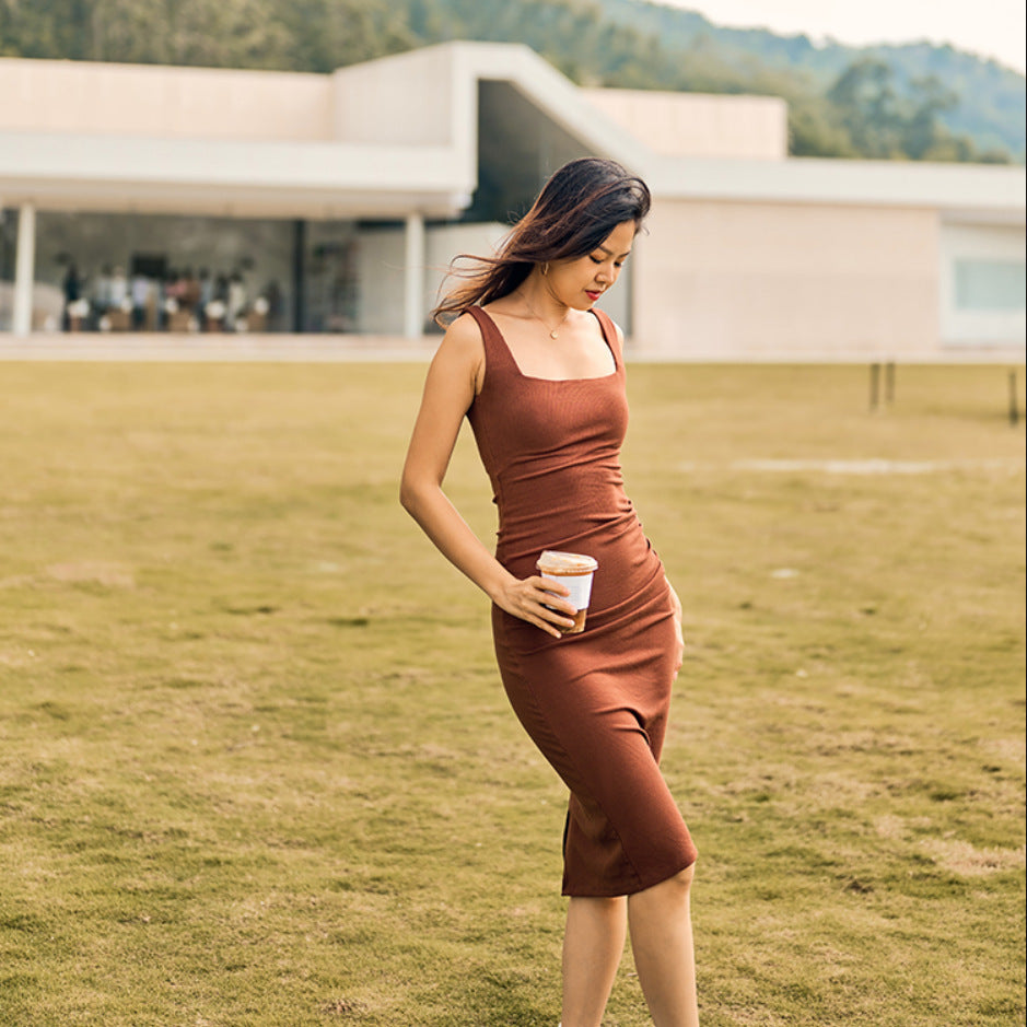 Square‑Neck Mermaid Midi Dress with Chest Pad