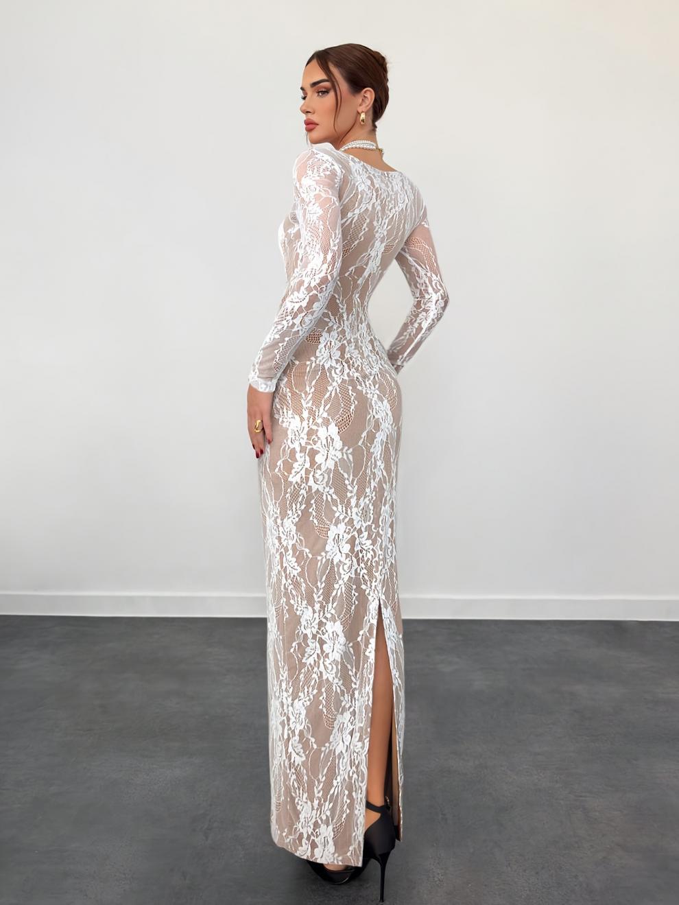 Romantic Lace Trim Square Neck Long Sleeve Maxi Dress