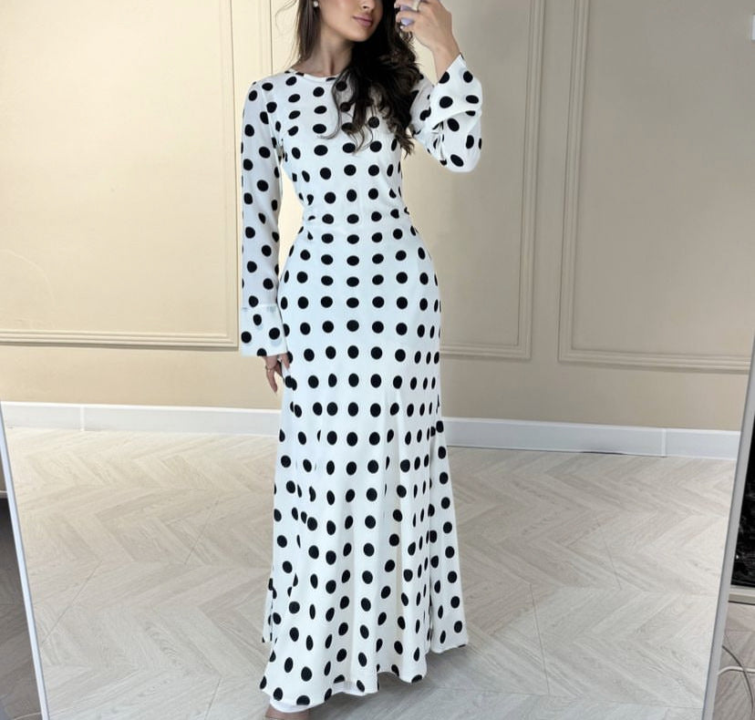 Elegant Polka Dot and Leopard Print Long Sleeve Maxi Dress for Women