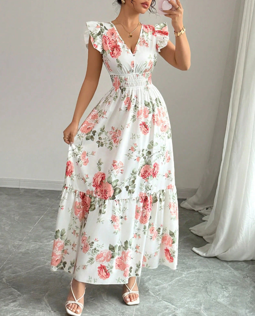 Elegant Floral Printed Sleeveless V-Neck Lotus Hem Long Maxi Dress