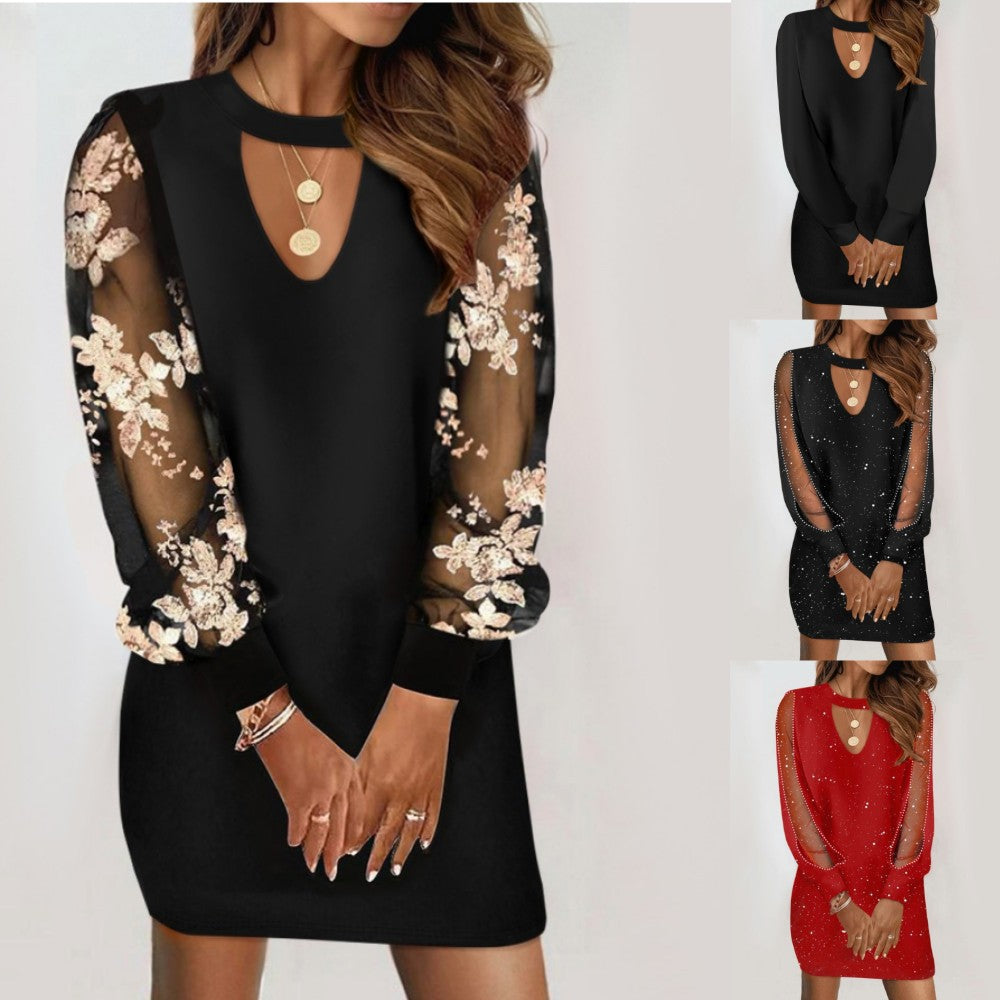 V-Neck Lace Long Sleeve Waist Dress
