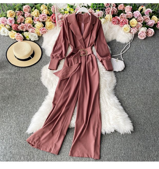 Elegant Suit Collar Long Sleeve Waist Slimming Wide-Leg Pants Jumpsuit