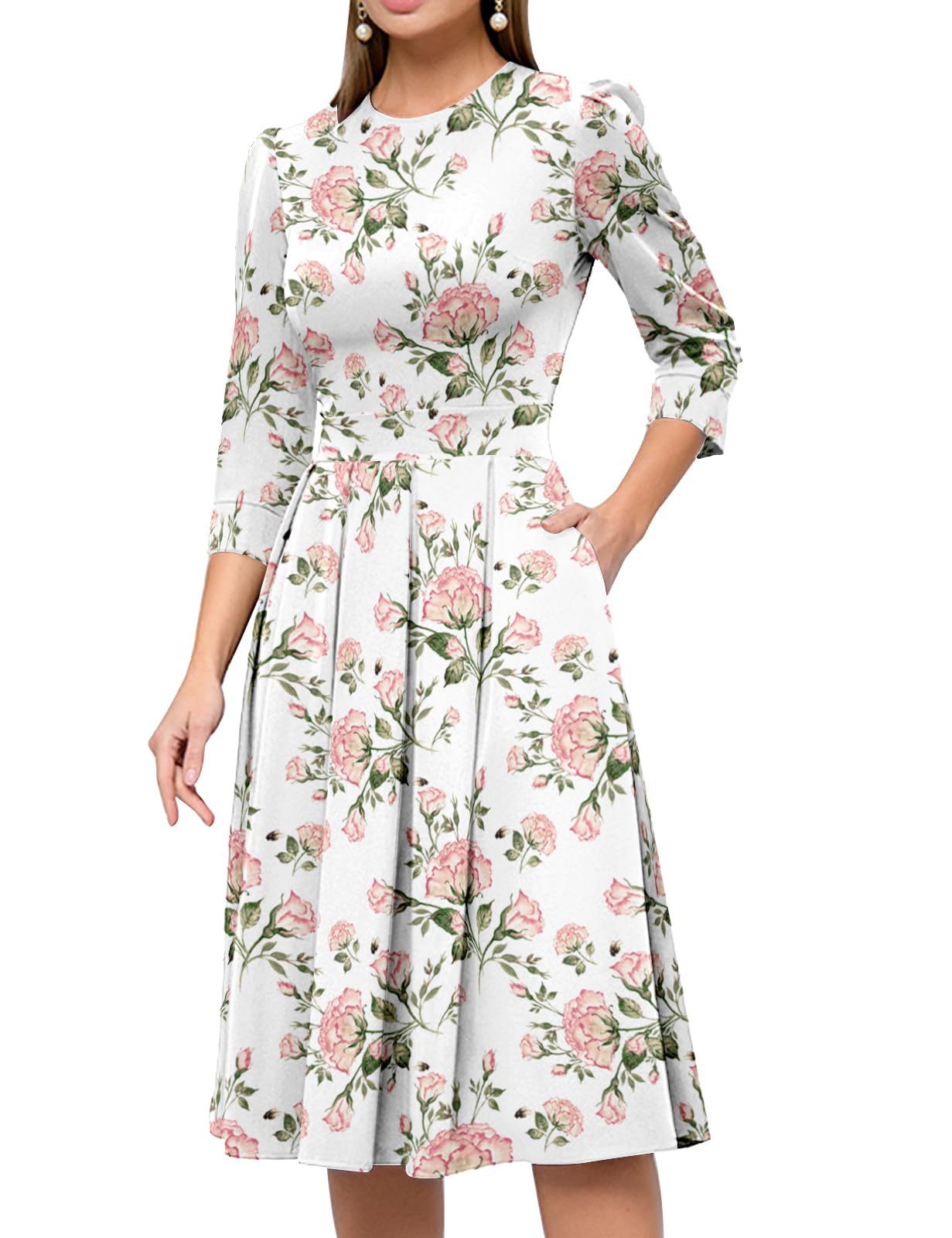 Graceful Floral Printed Crew Neck Three-Quarter Sleeve Midi Dress