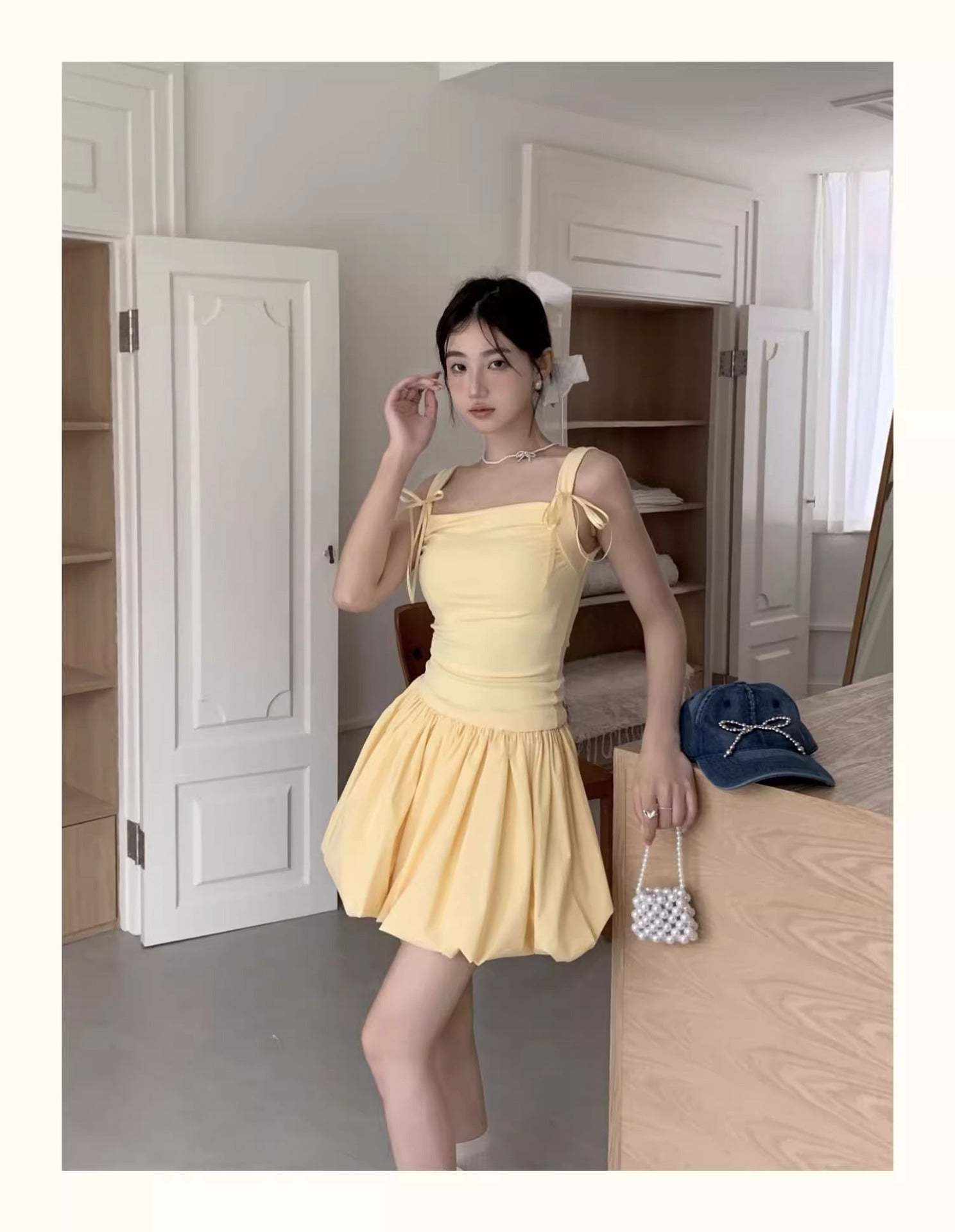 Charming Yellow Bow Tie Sleeveless A-Line Suspender Dress
