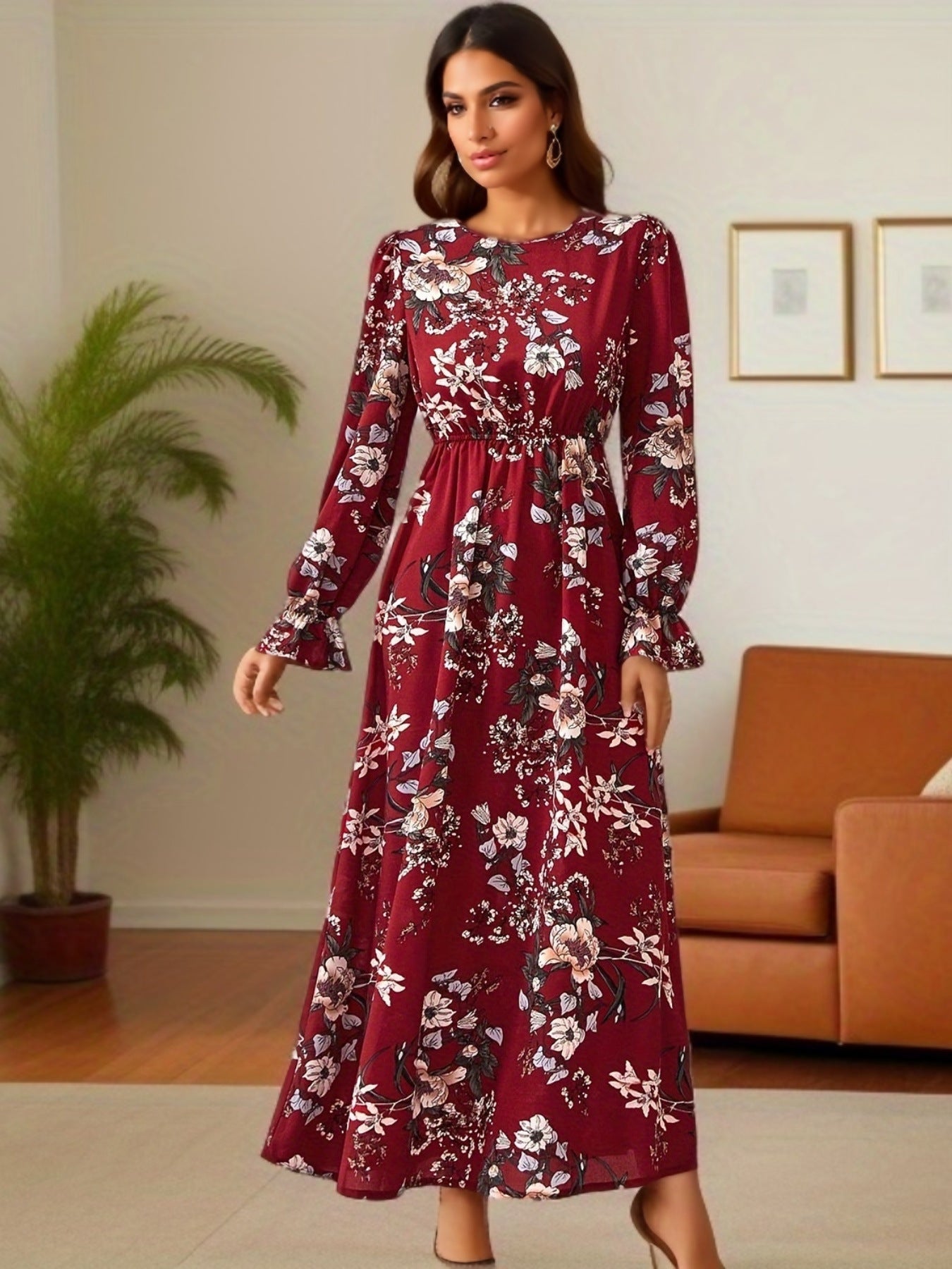 Graceful Chiffon Printed Crew Neck Puff Sleeve Long Maxi Dress