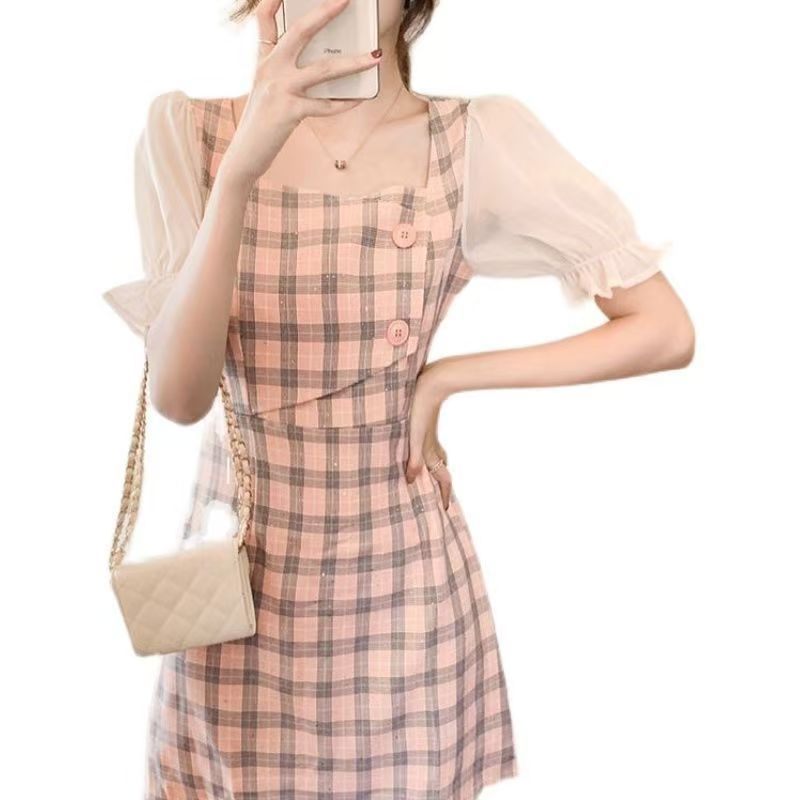 Elegant Pink Plaid Square Neck Puff Sleeve A-Line Midi Dress