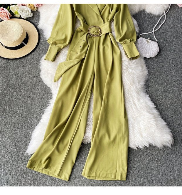 Elegant Suit Collar Long Sleeve Waist Slimming Wide-Leg Pants Jumpsuit