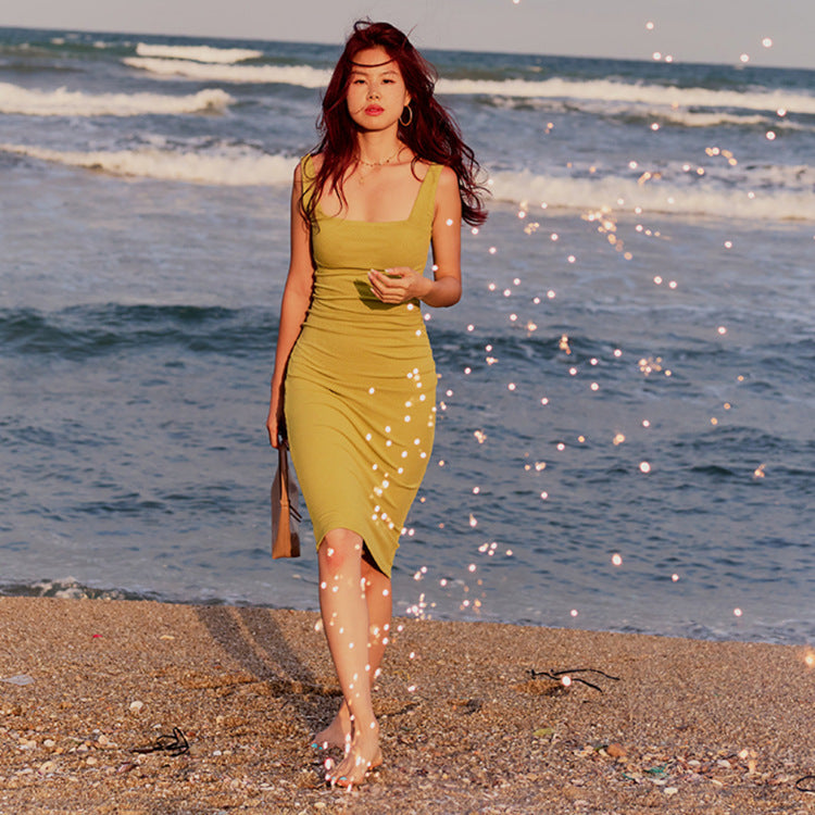 Square‑Neck Mermaid Midi Dress with Chest Pad