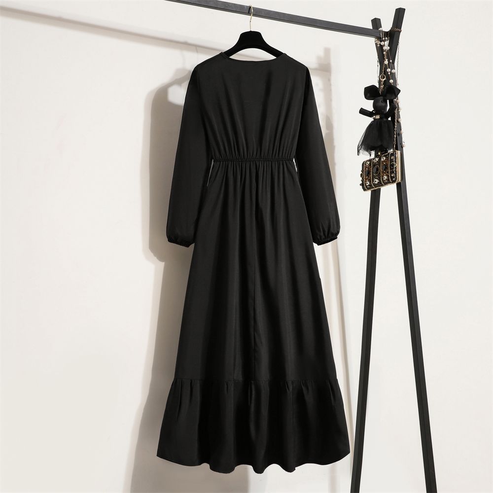 Retro Ruffle Mid-Length Dress with Hooded Crewneck