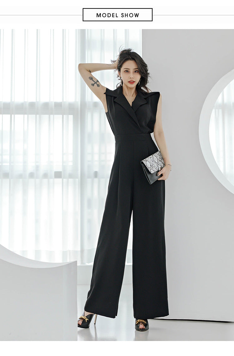 Professional Suit Collar Sleeveless High Waist Wide-Leg Pants Jumpsuit