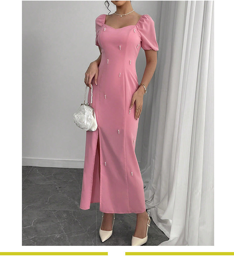 Elegant Beaded Square Neck Midi Dress with High Slit - Women's Party Cocktail Formal Gown