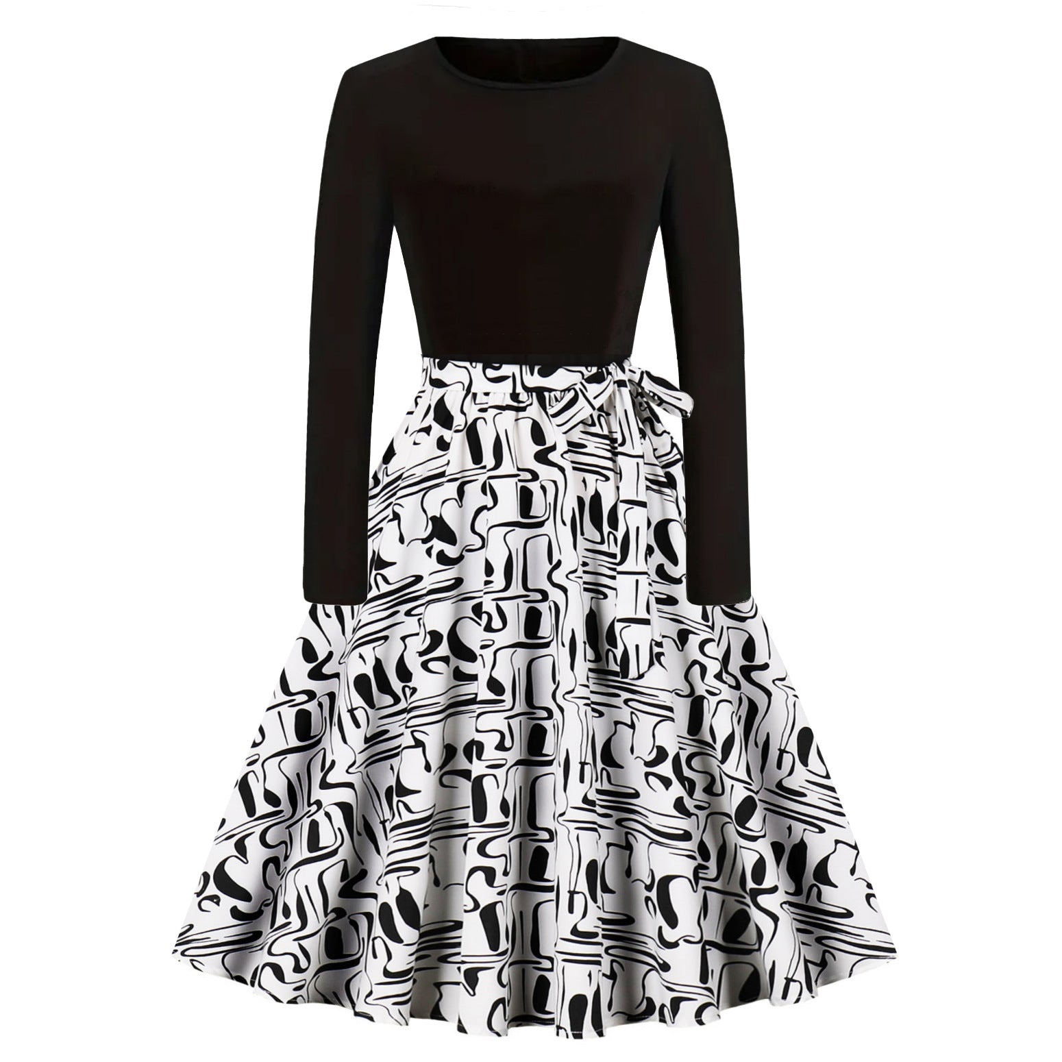 Retro Printed Long Sleeve Swing Dress