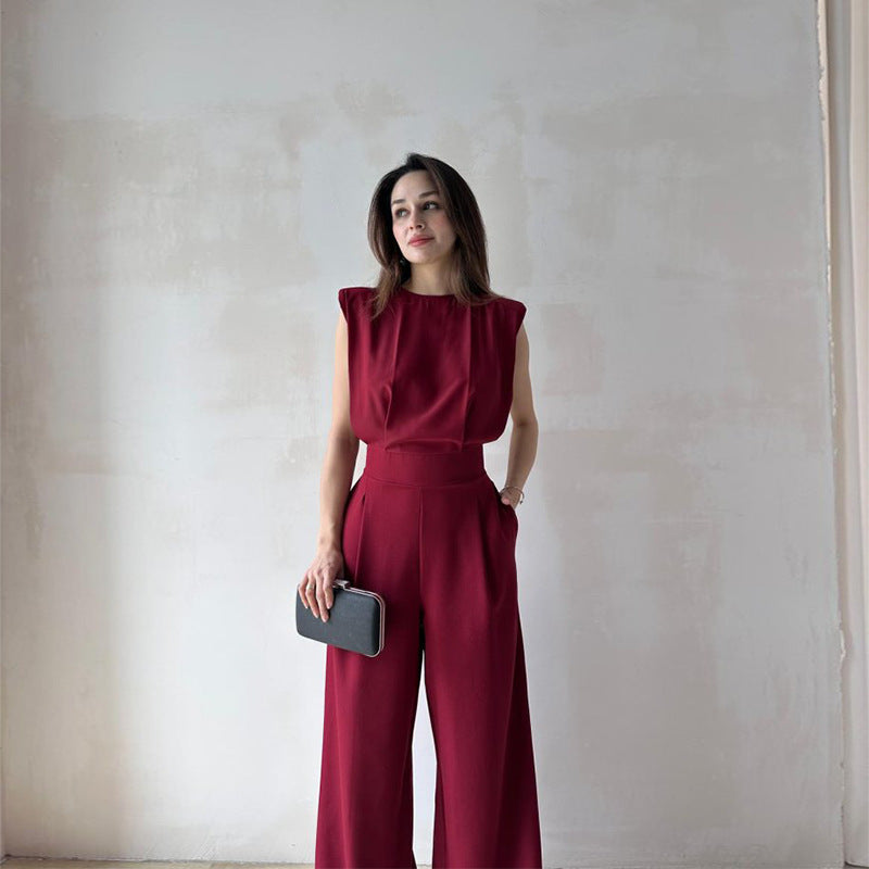 Trendy Lace-Up Sleeveless High Waist Wide-Leg Solid Color Jumpsuit