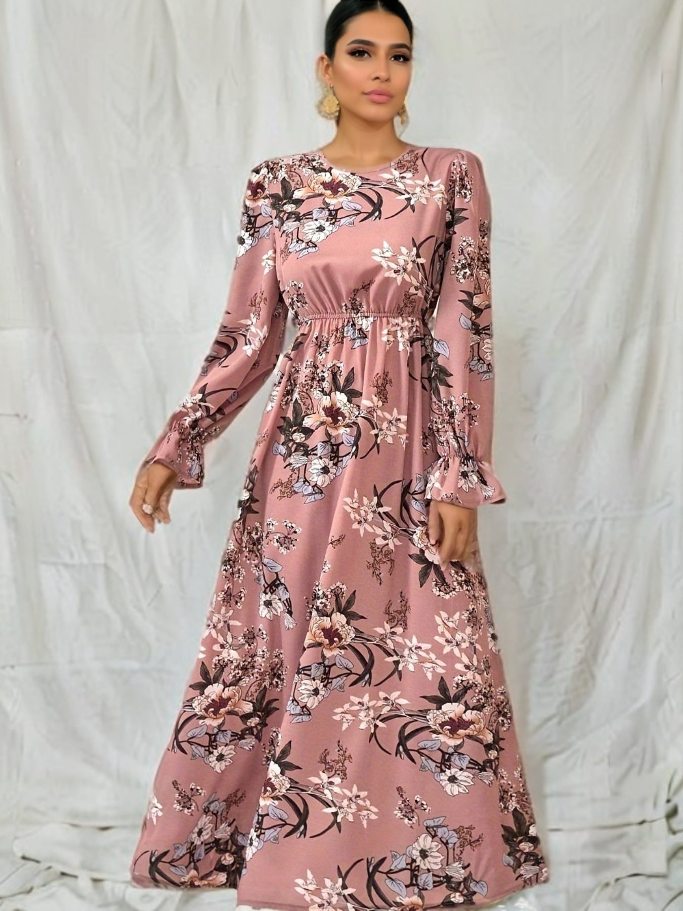 Graceful Chiffon Printed Crew Neck Puff Sleeve Long Maxi Dress