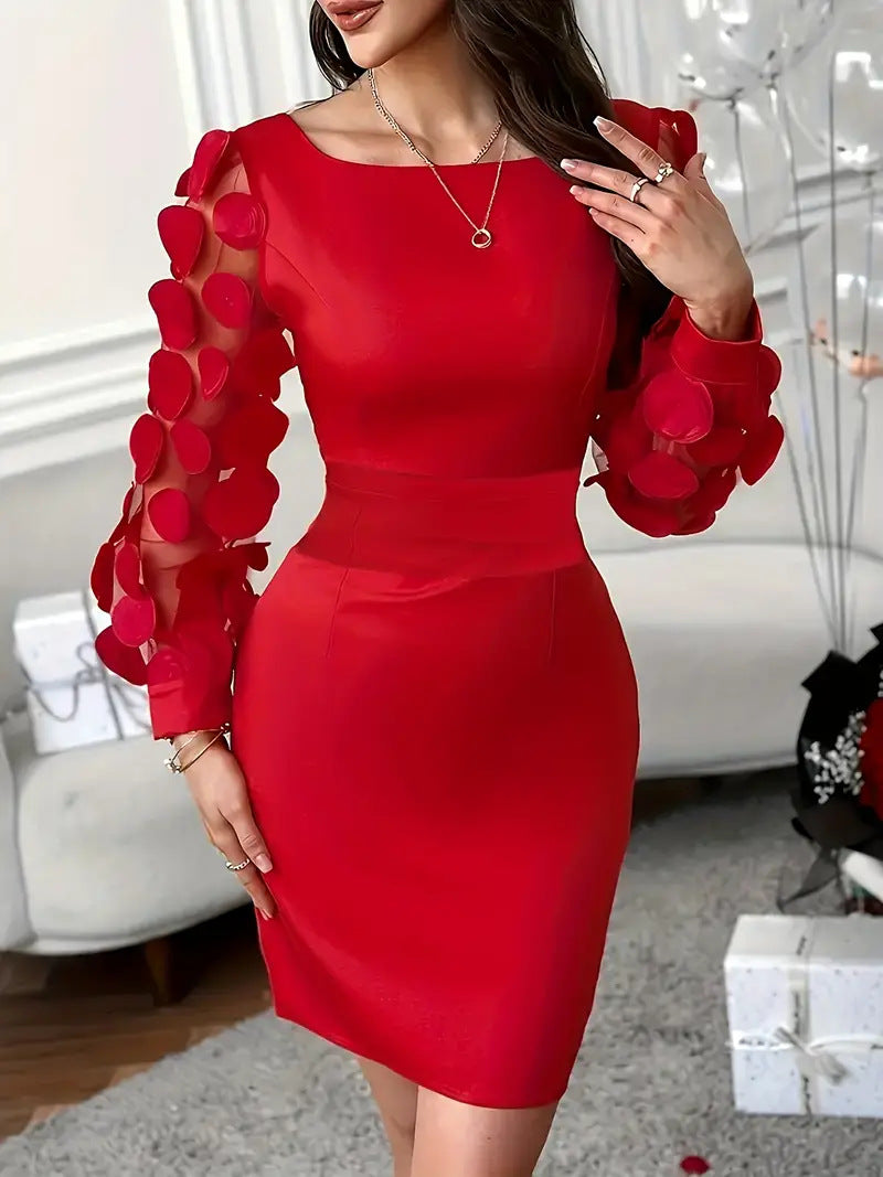 Elegant Mesh Jacquard Backless Long Sleeve Midi Dress