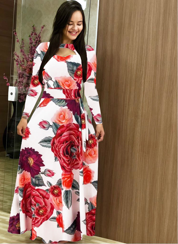 Fashion Digital Print Cotton Long Sleeve Large Swing Casual Maxi Dress