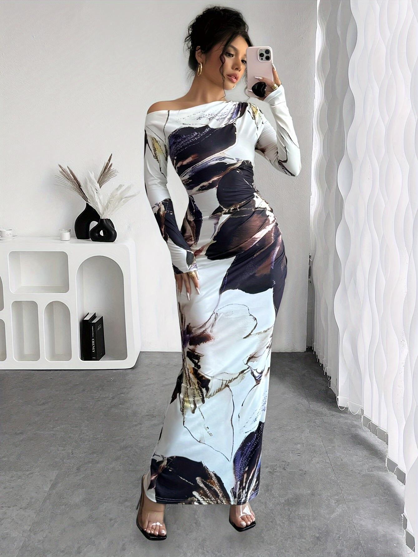 Elegant Off-Shoulder Long Sleeve Slant Collar Slim Fit Maxi Dress