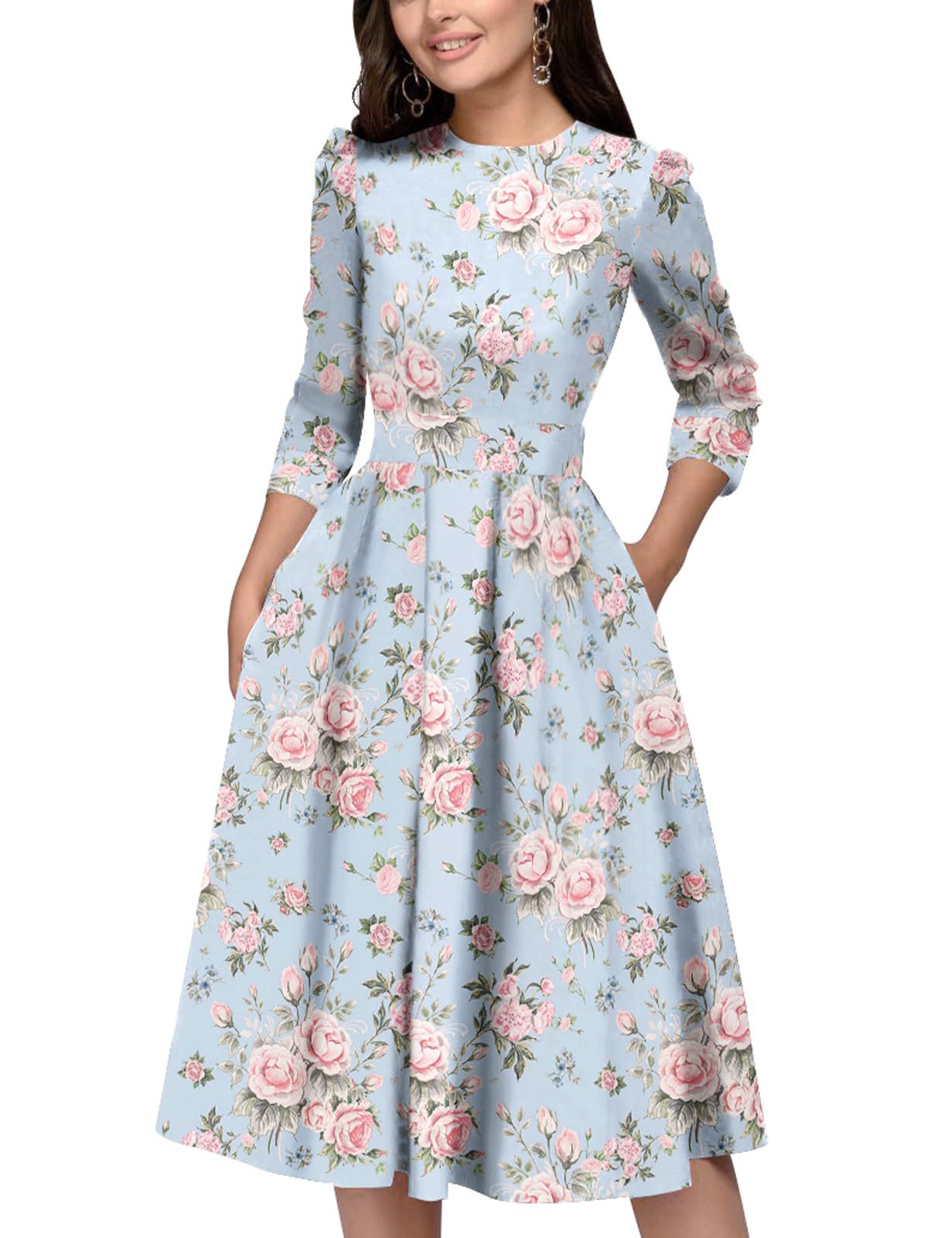 Graceful Floral Printed Crew Neck Three-Quarter Sleeve Midi Dress