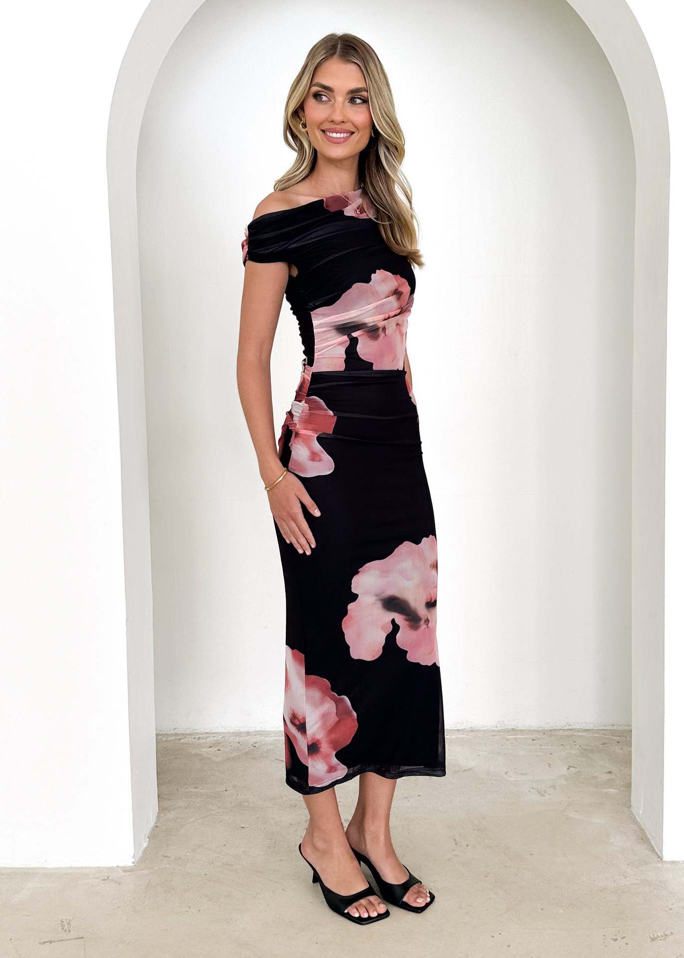 Chic Floral Print Off-Shoulder High Waist Pleated Long Evening Dress
