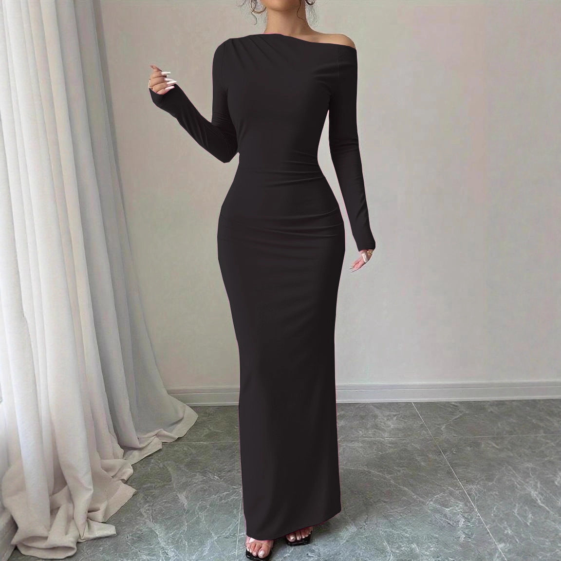 Charming Floral One-Shoulder Long Sleeve Elegant Printed Maxi Dress